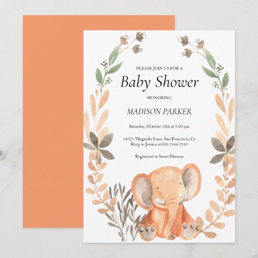 Waterverf Oranje olifant Kaart (Voorkant / Achterkant)