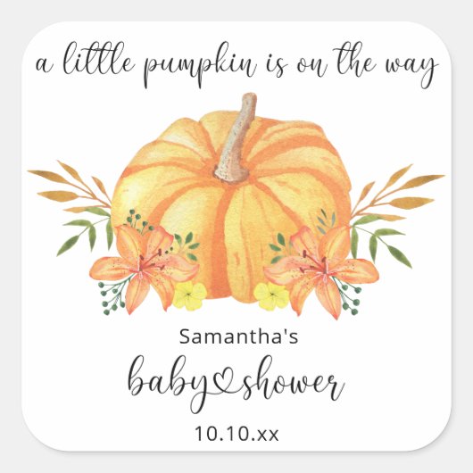 Waterverf oranje pompoen baby shower vierkante sticker (Voorkant)