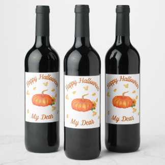 Waterverf oranje pompoen met zaadblij Hallowen Wijn Etiket
