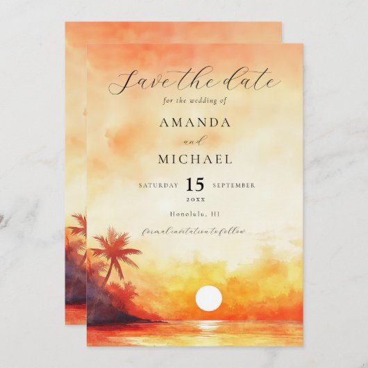 Waterverf Oranje Sunset Palm Beach bruiloft Save The Date (Voorkant / Achterkant)