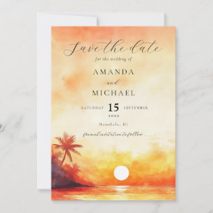 Waterverf Oranje Sunset Palm Beach bruiloft Save The Date