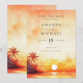 Waterverf Oranje Sunset Palm Beach bruiloft Save The Date (Voorkant / Achterkant)