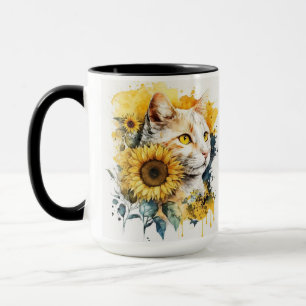 WATERVERF ORANJE TABBY CAT MET ZONLOWERS MOK