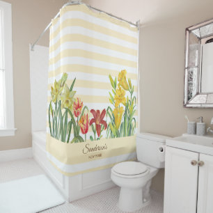 Waterverf Oranje Yellow Flower Beige Stripes Douchegordijn