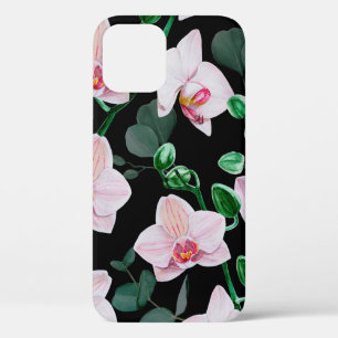Waterverf orchidebloemen en eucalyptusbladeren pa iPhone 12 hoesje