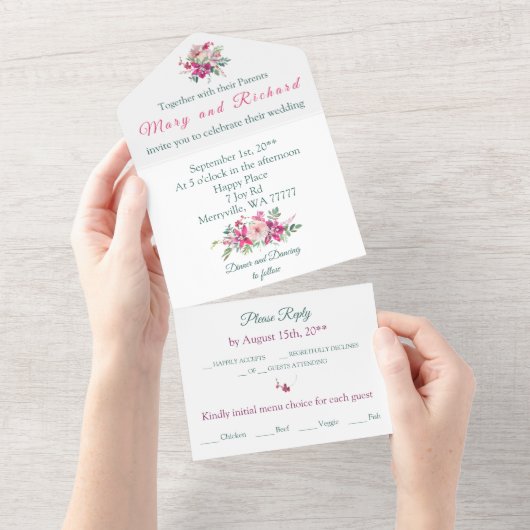 Waterverf orchideeën en Rozen All In One Uitnodiging (Afscheurbaar)