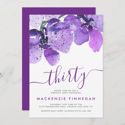 Waterverf orchideeën Violet Dertigste verjaardag Kaart (Voorkant / Achterkant)