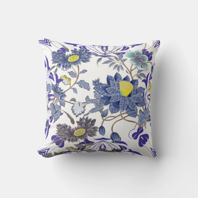 Waterverf Oriental Floral Blue Yellow Kussen (Voorkant)