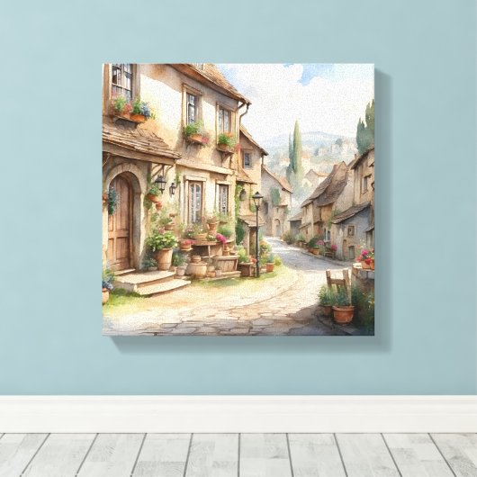 Waterverf oud Europees dorpje met rustiek uitzicht Canvas Afdruk (Insitu (Houten vloer))