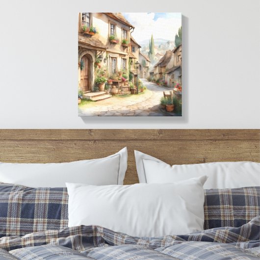 Waterverf oud Europees dorpje met rustiek uitzicht Canvas Afdruk (Insitu (Slaapkamer))