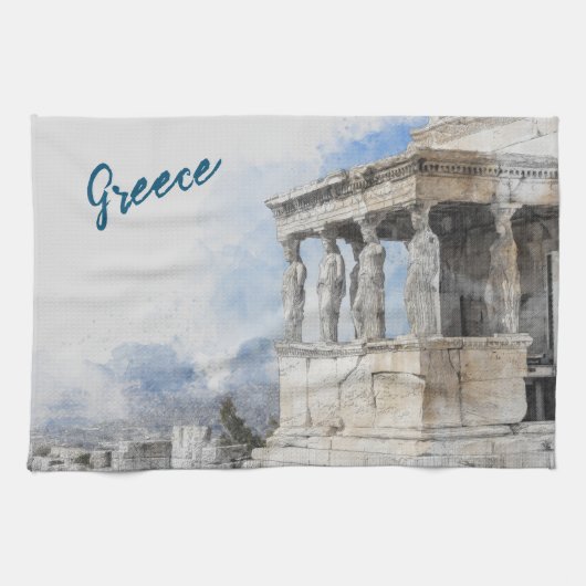 Waterverf oude Athene ruïnes keukenhanddoek (Horizontaal)