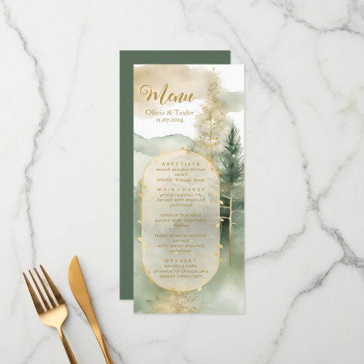 Waterverf Outdoor Pine Trees Forest Wedding Menu (Voorkant / Achterkant in situ)