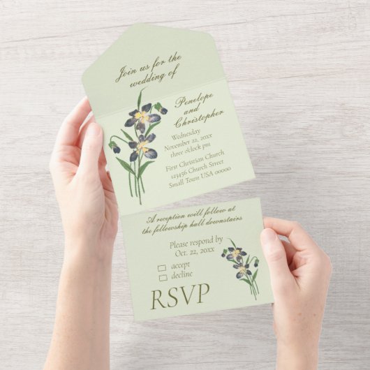 Waterverf Overtredingen Sage Green Wedding All In One Uitnodiging (Afscheurbaar)