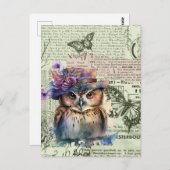 Waterverf Owl Vintage Papers Collage Briefkaart (Voorkant / Achterkant)