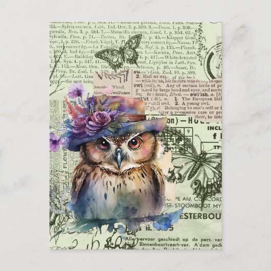 Waterverf Owl Vintage Papers Collage Briefkaart (Voorkant)