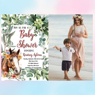Waterverf Paard Bloemen Custom Foto Baby shower Briefkaart