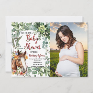 Waterverf Paard Bloemen Custom Foto Baby shower Kaart