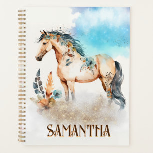 Waterverf paard Boho verlaat herfst naam Planner