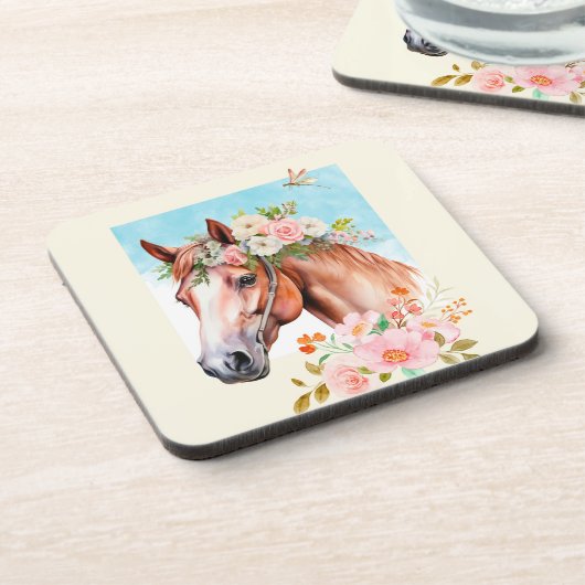 Waterverf Paard en Bloemen 6 Bier Onderzetter (Linkerzijde)