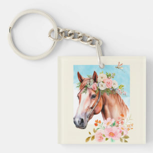 Waterverf Paard en Bloemen Acryl Sleutelhanger