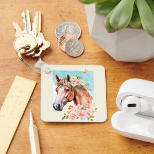 Waterverf Paard en Bloemen Sleutelhanger