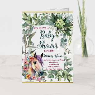 Waterverf paard en botanisch Baby shower Folie Wenskaart