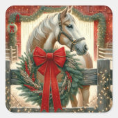 Waterverf Paard en Feestelijk Boerderij Kerst Vierkante Sticker (Voorkant)