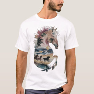 Waterverf Paard Silhouet Tropische Oceaan Zonsonde T-shirt