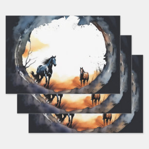 Waterverf paarden en zonsondergangsilhouet inpakpapier vel