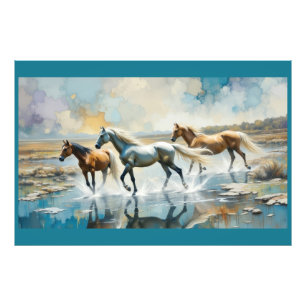 Waterverf paarden in het wild foto afdruk