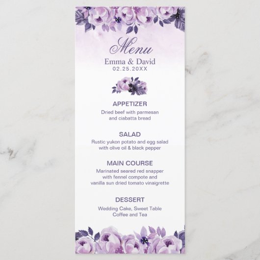 Waterverf Paars Floral Spring Wedding Menu (Voorkant)