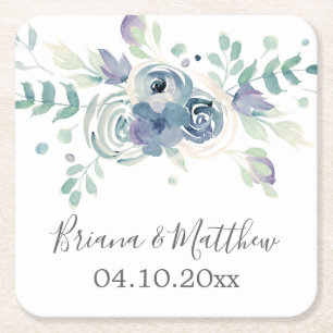 Waterverf Paars-groen Floral Elegant Wedding Vierkante Kartonnen Onderzetter