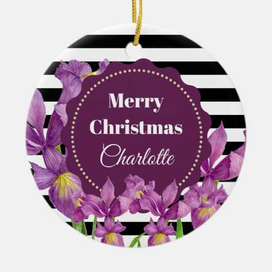 Waterverf Paars Iris Black White Stripes Pattern Keramisch Ornament (Voorkant)