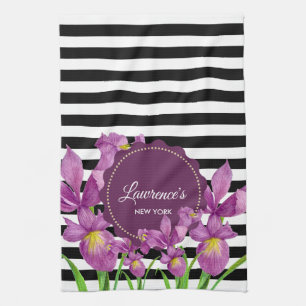 Waterverf Paars Iris Black White Stripes Pattern Theedoek