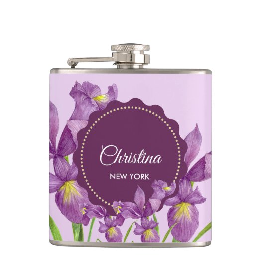 Waterverf Paars Iris Botanische illustratie Heupfles (Voorkant)