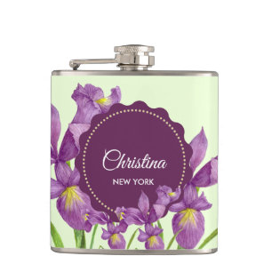 Waterverf Paars Iris Botanische illustratie Heupfles
