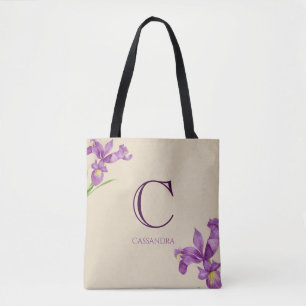 Waterverf Paars Iris Floral monogram Draagtas