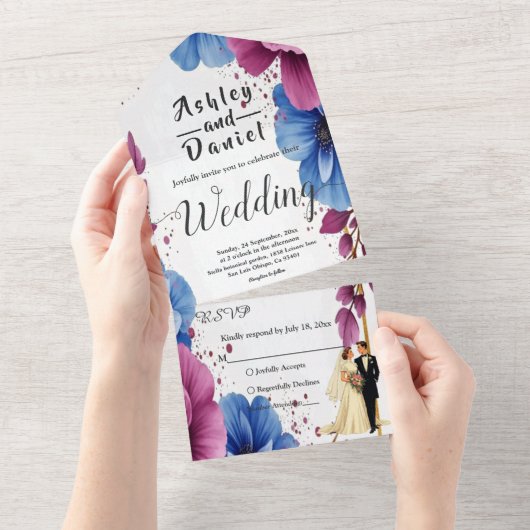 Waterverf Paarse Blauwe Bloemen Elegante bruiloft All In One Uitnodiging (Afscheurbaar)