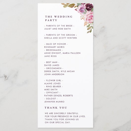 Waterverf paarse bloemen bruiloft programma (Achterkant)