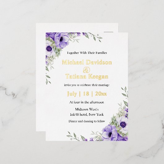 waterverf paarse Bloemen Goud Moderne bruiloft Folie Uitnodiging Briefkaart (Voorkant / Achterkant)