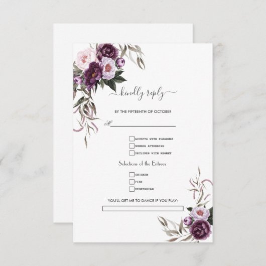 Waterverf Paarse Bloemen Huwelijksverzoek RSVP Kaartje (Voorkant / Achterkant)