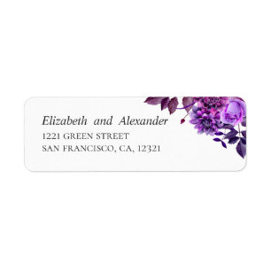 Waterverf paarse bloemen. Lila trouwadres Etiket