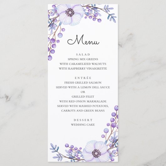 Waterverf paarse bloemen. Violet floral bruiloft Menu (Voorkant)