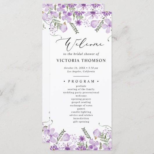 Waterverf Paarse Bloemen Vrijgezellenfeest Program Programma (Voorkant / Achterkant)
