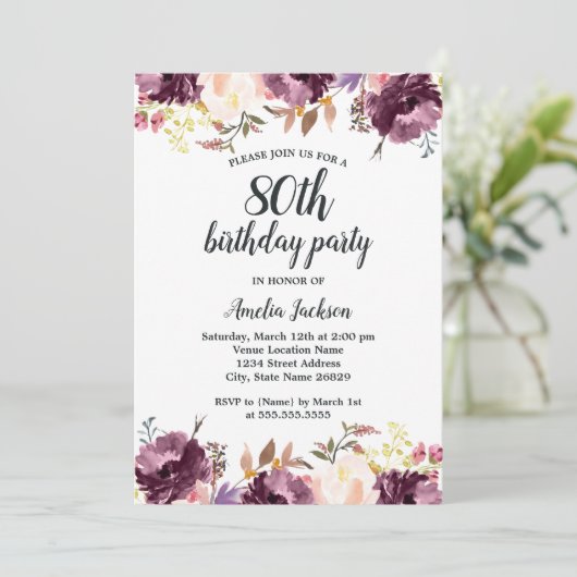 Waterverf Paarse Bloemenbloei 80ste Verjaardagsfee Kaart (Staand voorkant)
