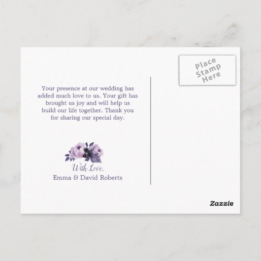 Waterverf Paarse bloemenbruiloft foto dank u Briefkaart (Achterkant)