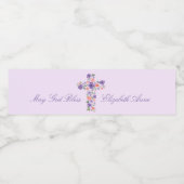 Waterverf Paarse bloemenkruis eerste communie Waterfles Etiket (Enkel label)