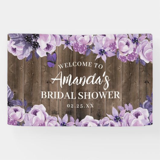 Waterverf Paarse Bloemenschuur Houten Bruiloft Spandoek (Horizontaal)