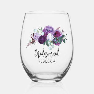Waterverf Paarse bloemenscript bruiloft bruidsmeis Wijnglas Zonder Voet