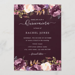 Waterverf Paarse Bloom Quinceanera Invitation Kaart